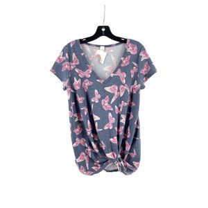 NWT CY Fashion Women's Blue Pink Butterfly Print Shirt Top Twist Front Size S